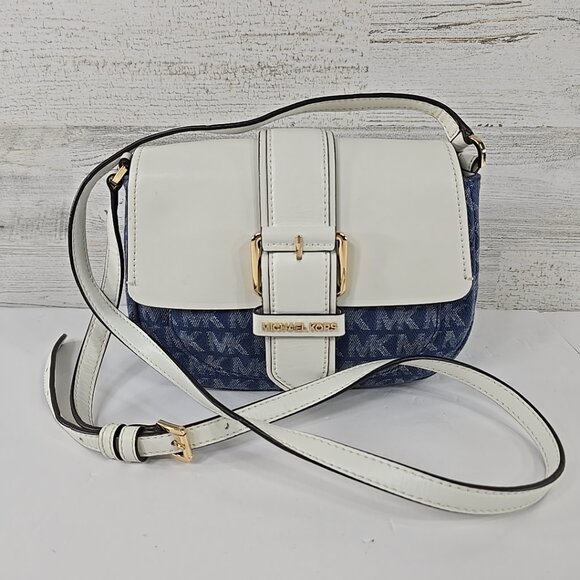 MICHAEL KORS Lillian SMALL CROSSBODY HandBag Purse Denim Blue White Pockets *VGC - Picture 1 of 16